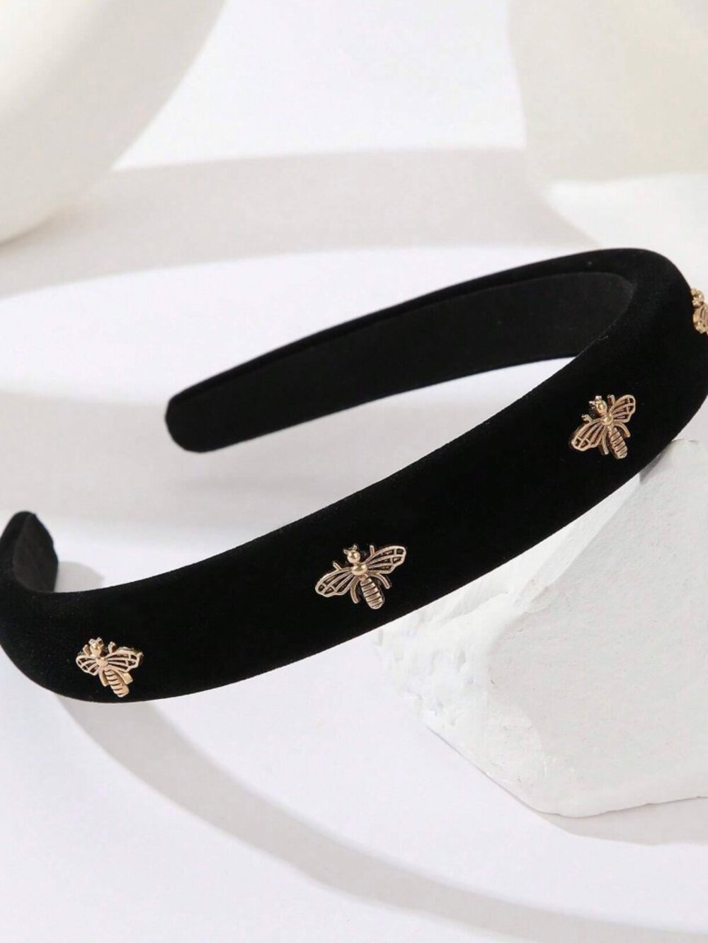 Elegant black Velvet Headband with Gold Bee Accents